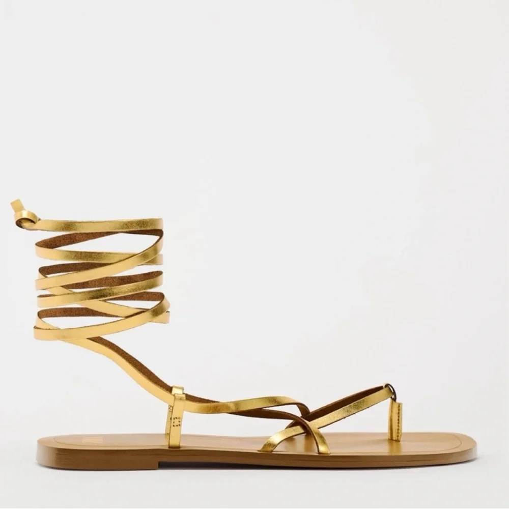Zara LACE UP TIED FLAT LEATHER SANDALS 41 - Picture 3 of 6